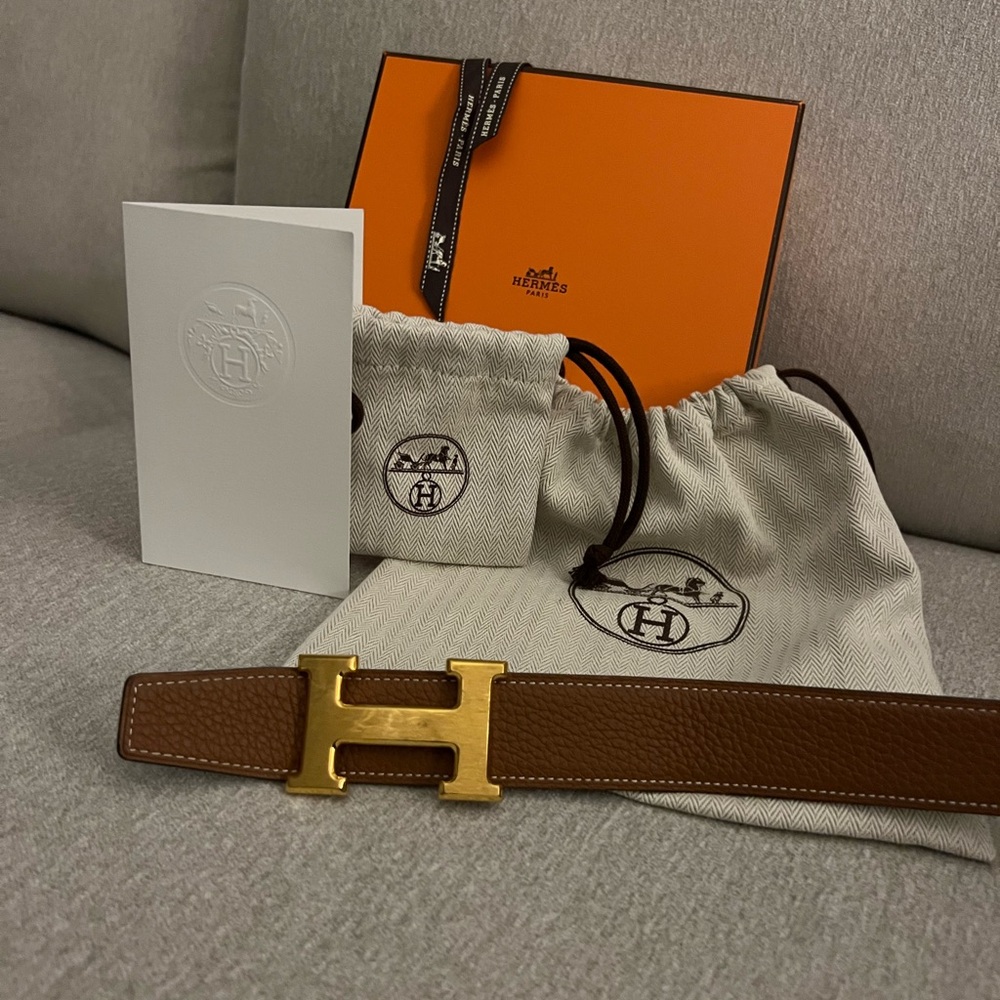 Hermes Reversible 32 Brown/Black H Belt in Brushed Gold